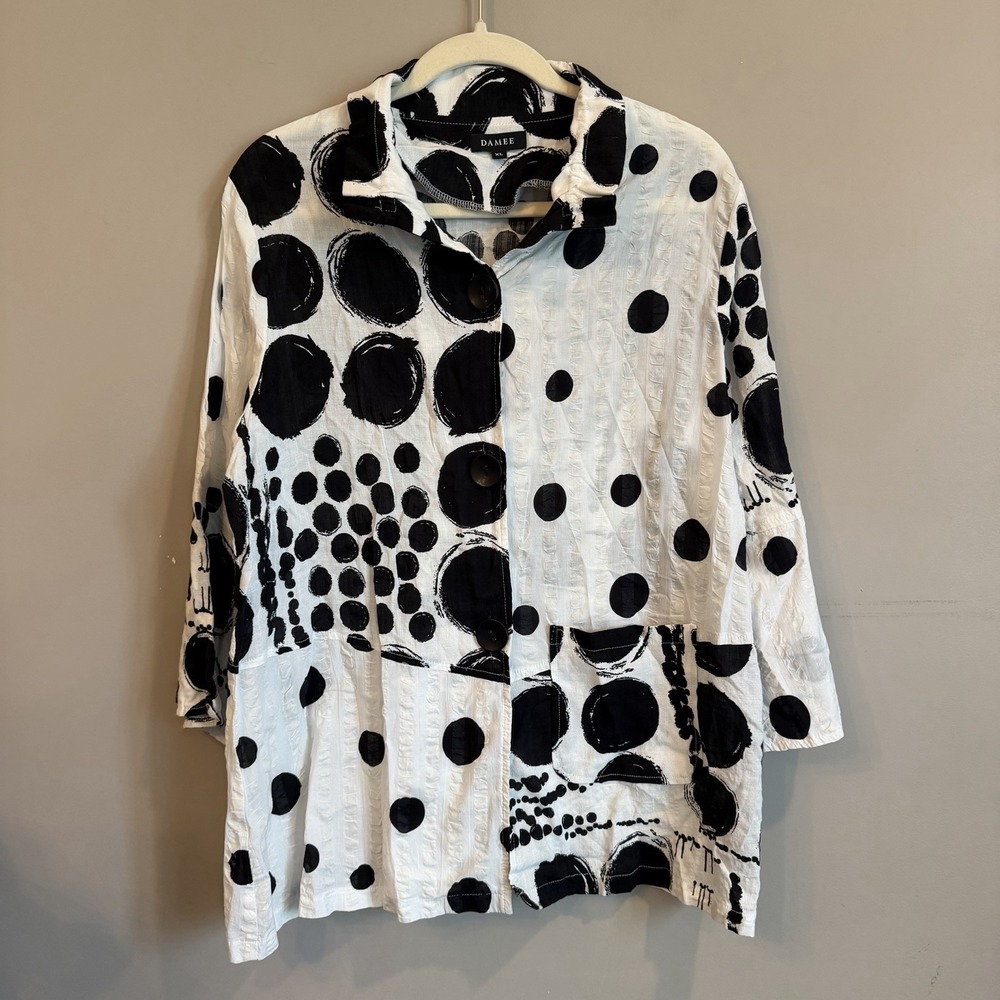 Damee Inc Jacket Womens XL White Black Polka Dot Button Up  Party Art To Wear